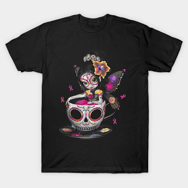 Cute Breast Cancer Girl Sugar Skull Costume Halloween T-Shirt by Fowlerbg